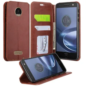 Moto Z Force Droid Case, Motorola Z Force Droid Wallet Case, Slim Leather Wallet Case [Kickstand] with ID & Credit Card Slots - Brown