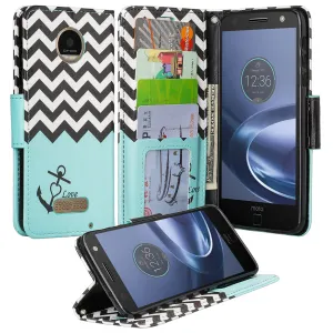 Moto Z Force Droid Case, Motorola Z Force Droid Wallet Case, Wrist Strap Pu Leather Wallet Case [Kickstand] with ID & Credit Card Slots - Teal Anchor