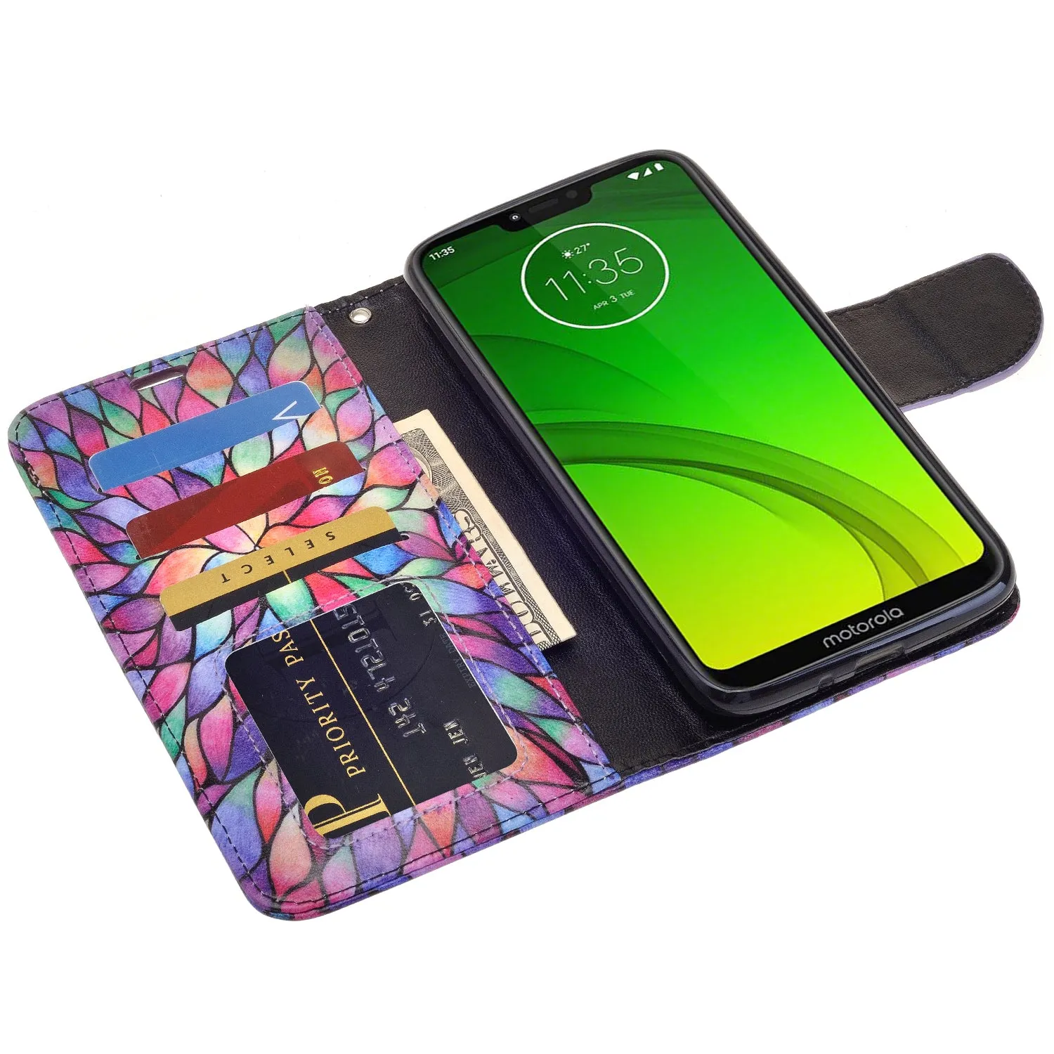 Motorola Moto G7 Power/G7 Supra/G7 Optimo Maxx Wallet Case, Wrist Strap Pu Leather Wallet Case [Kickstand] with ID & Credit Card Slots - Rainbow Flower