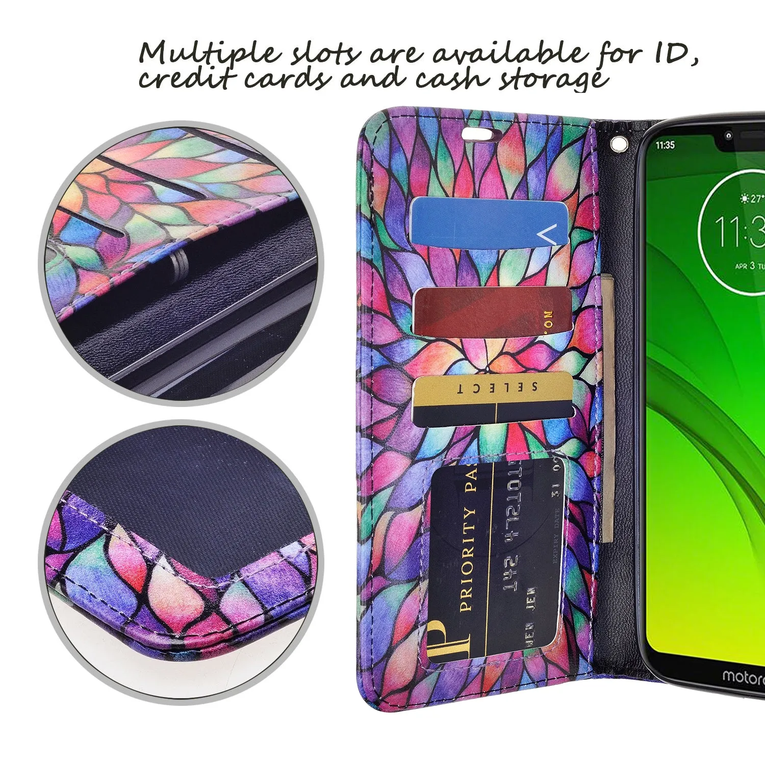 Motorola Moto G7 Power/G7 Supra/G7 Optimo Maxx Wallet Case, Wrist Strap Pu Leather Wallet Case [Kickstand] with ID & Credit Card Slots - Rainbow Flower