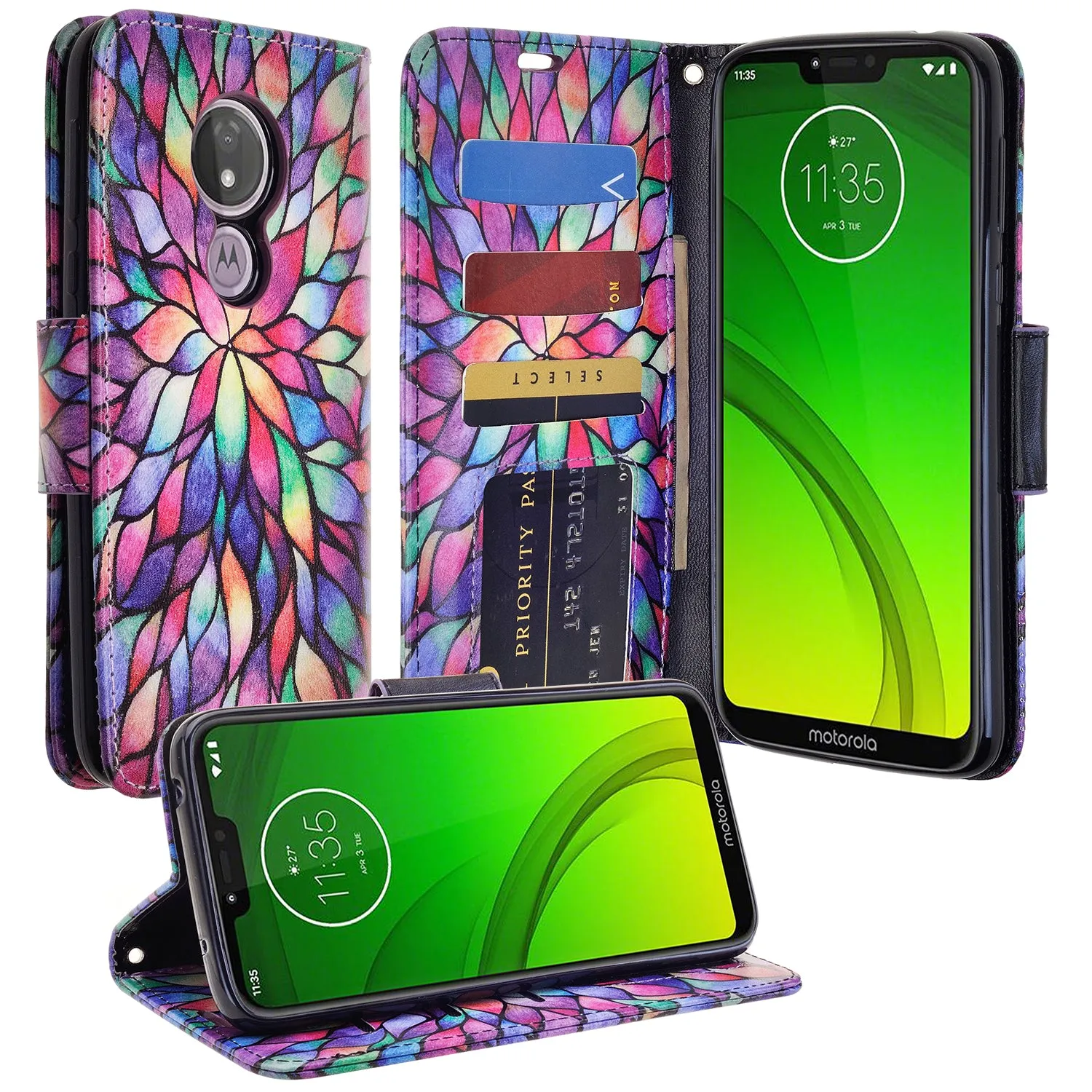 Motorola Moto G7 Power/G7 Supra/G7 Optimo Maxx Wallet Case, Wrist Strap Pu Leather Wallet Case [Kickstand] with ID & Credit Card Slots - Rainbow Flower