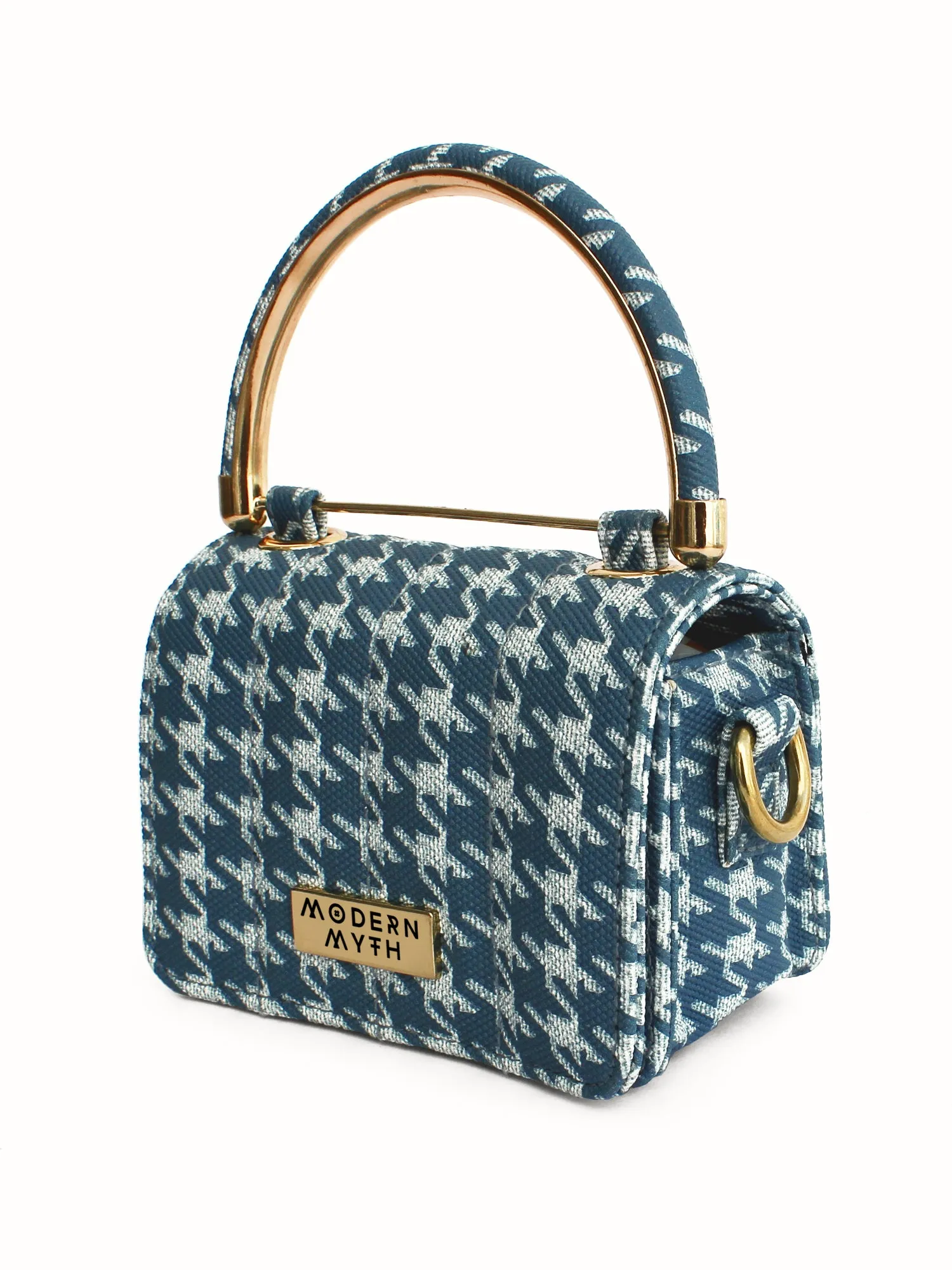 Nano Blue & White Houndstooth Mini Box Bag | Modern Myth