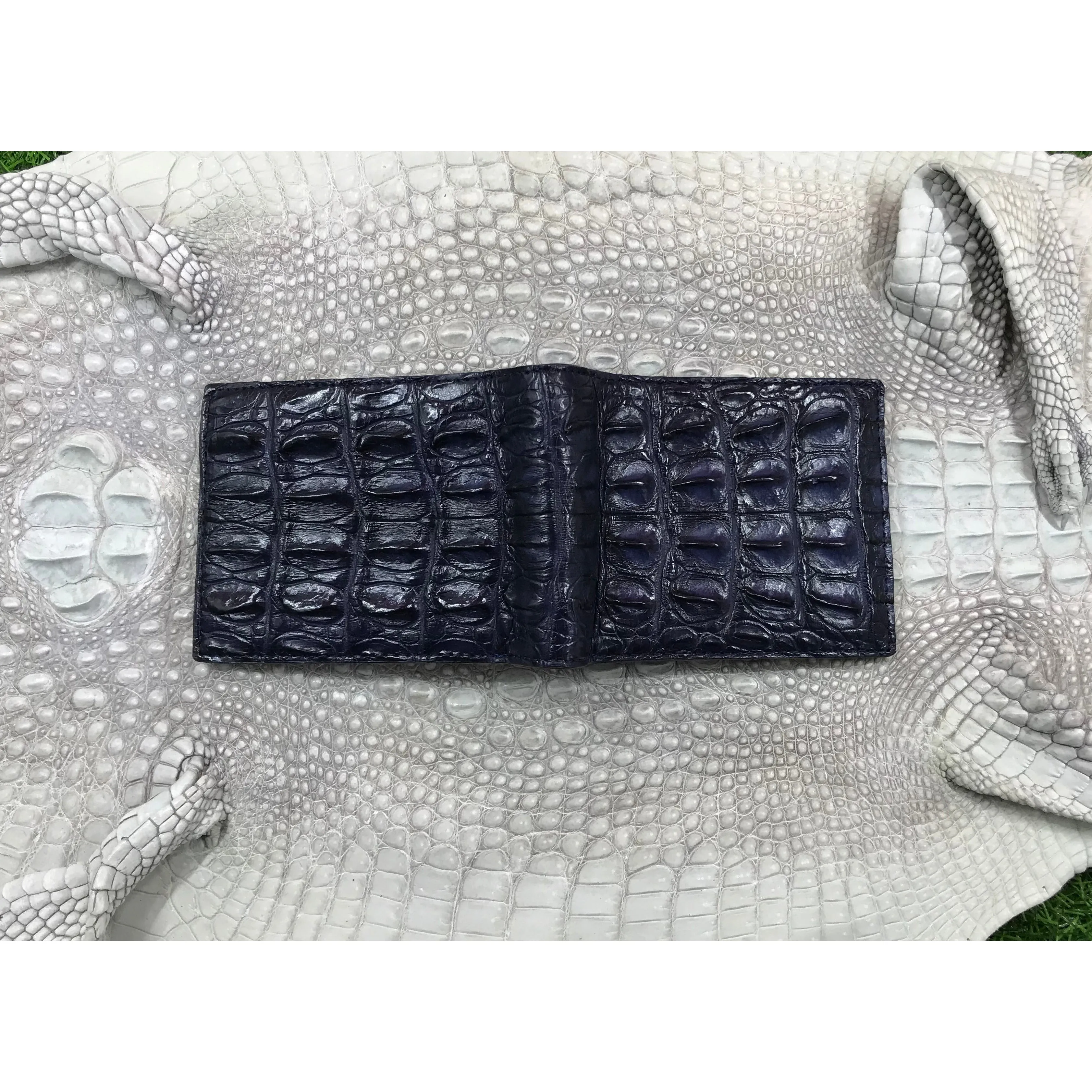 Navy Blue Alligator Horn Back Skin Bifold Wallet For Men | Handmade Crocodile Leather Wallet RFID Blocking | VL5599