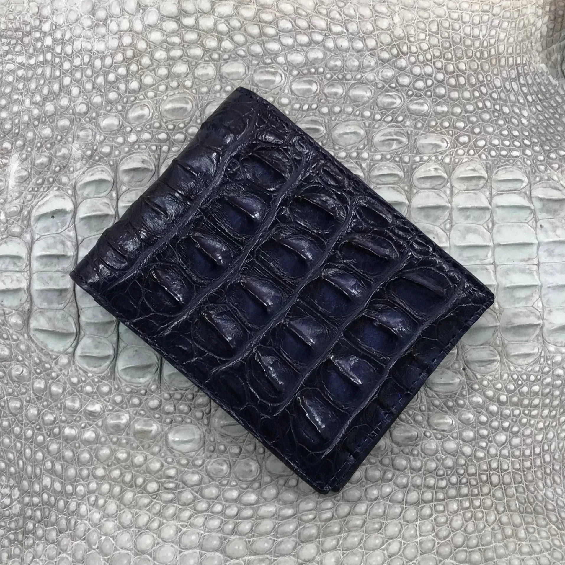 Navy Blue Alligator Horn Back Skin Bifold Wallet For Men | Handmade Crocodile Leather Wallet RFID Blocking | VL5599