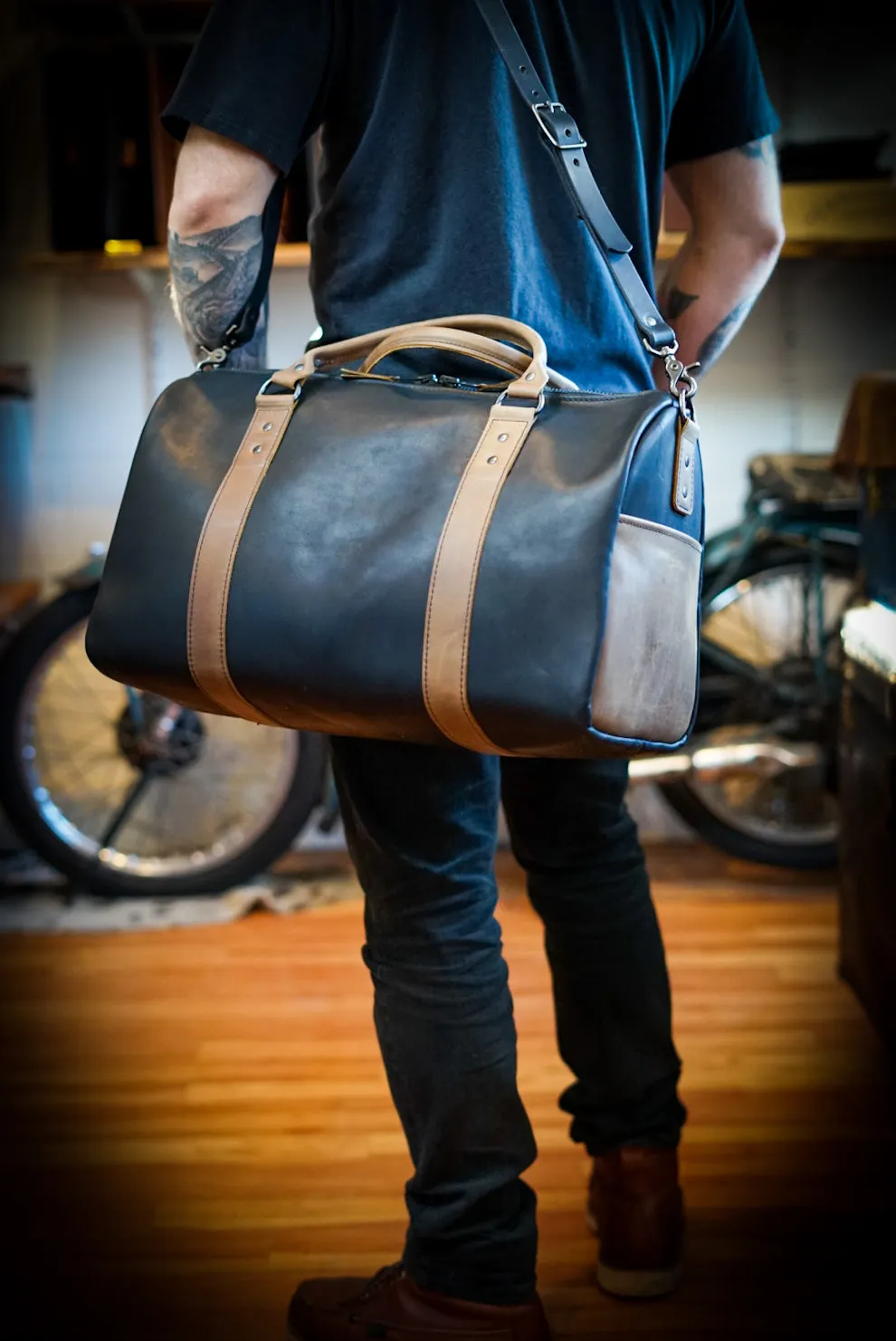 Overnighter Duffle (Flat Black/Rustic brown accents)