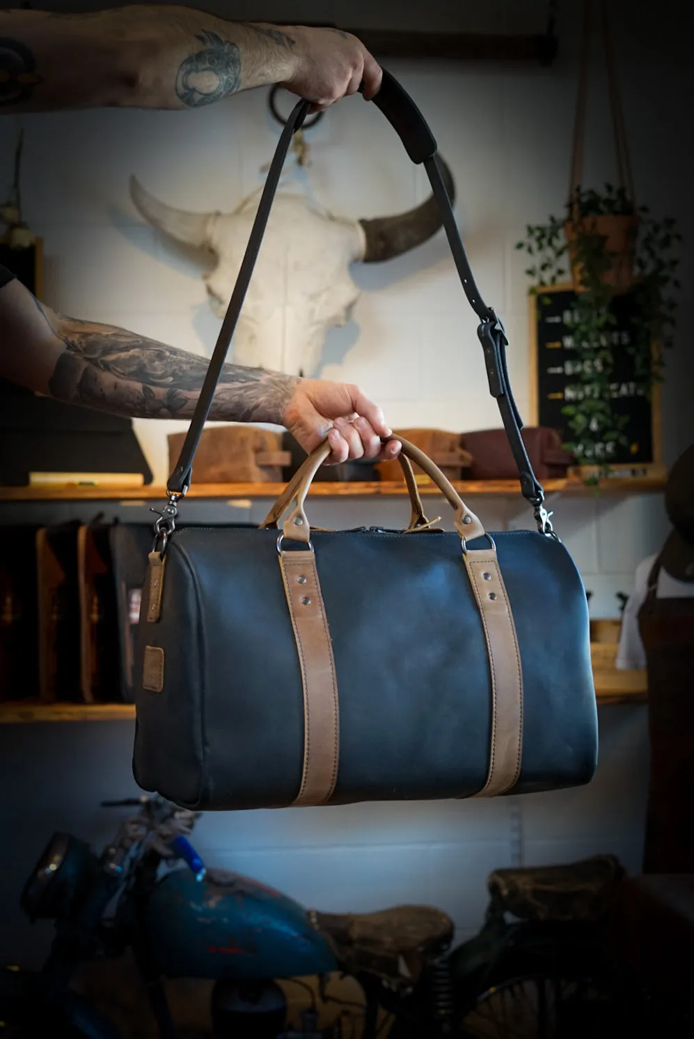 Overnighter Duffle (Flat Black/Rustic brown accents)