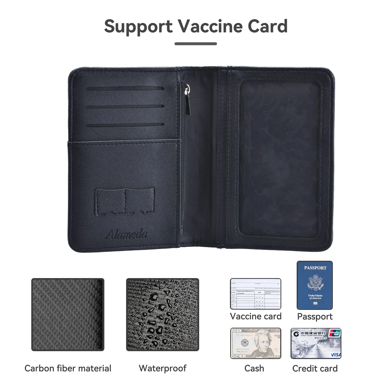 Passport and Vaccine Card Holder Combo, Alameda Carbon Fiber Passport Holder with Vaccine Card Slot, Travel Essentials Document Organizer Cover