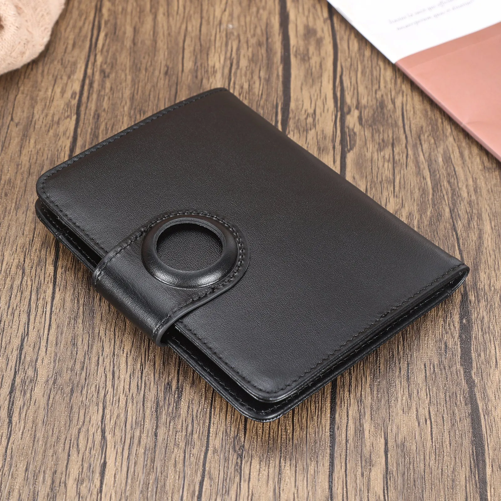 Polare Full Grain Leather Slim and Soft RFID Blocking wallet Snap Travel Passport Holders 2 Passports with AirTag Slot (Dark Brown/Black)