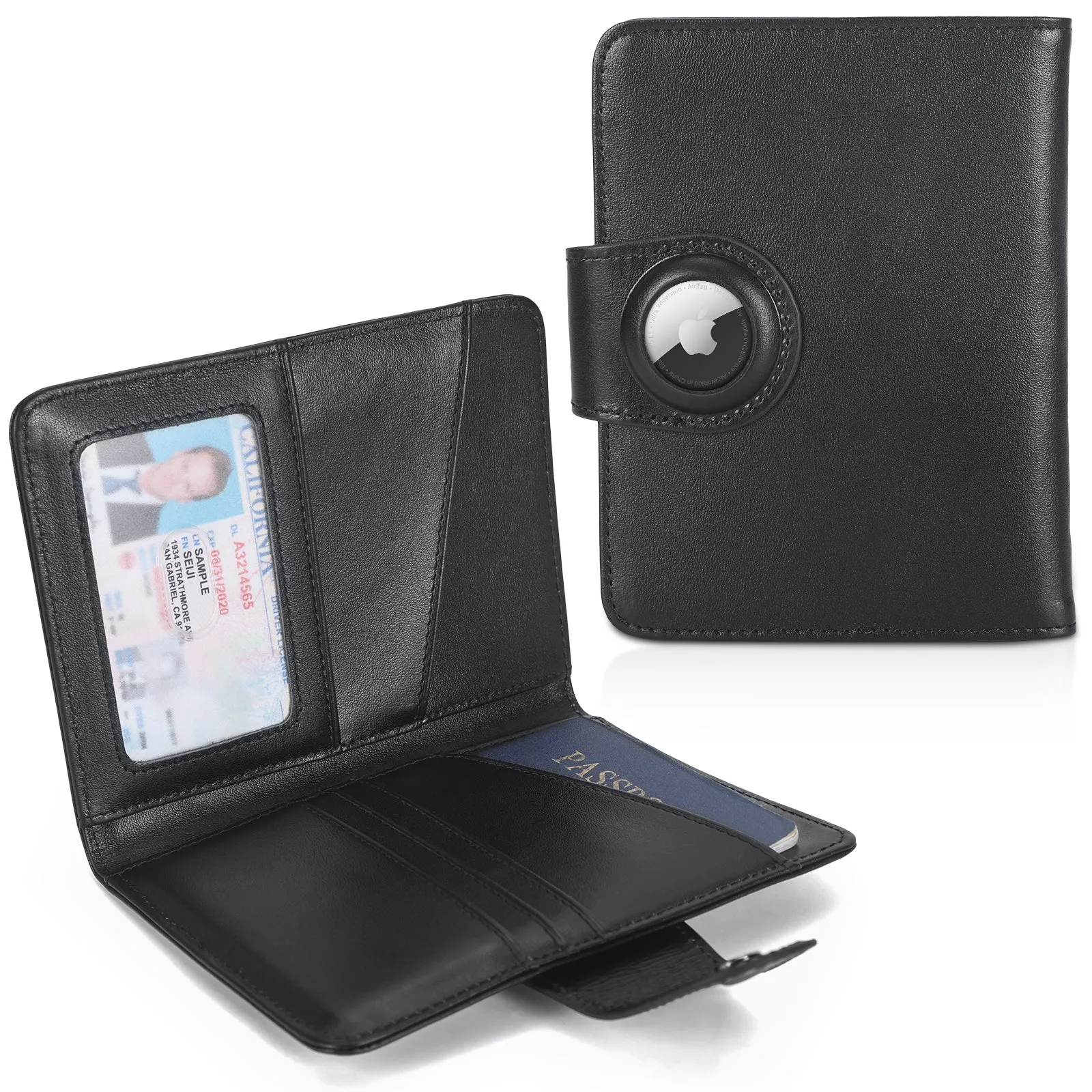 Polare Full Grain Leather Slim and Soft RFID Blocking wallet Snap Travel Passport Holders 2 Passports with AirTag Slot (Dark Brown/Black)