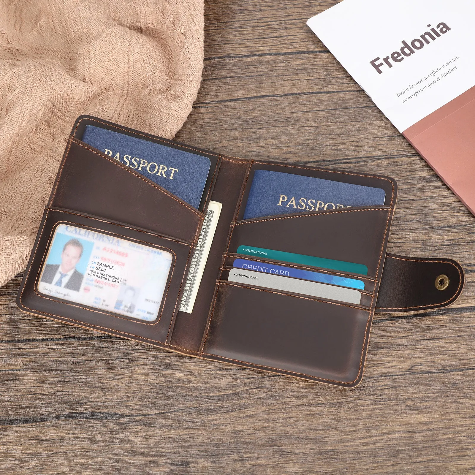 Polare Full Grain Leather Slim and Soft RFID Blocking wallet Snap Travel Passport Holders 2 Passports with AirTag Slot (Dark Brown/Black)