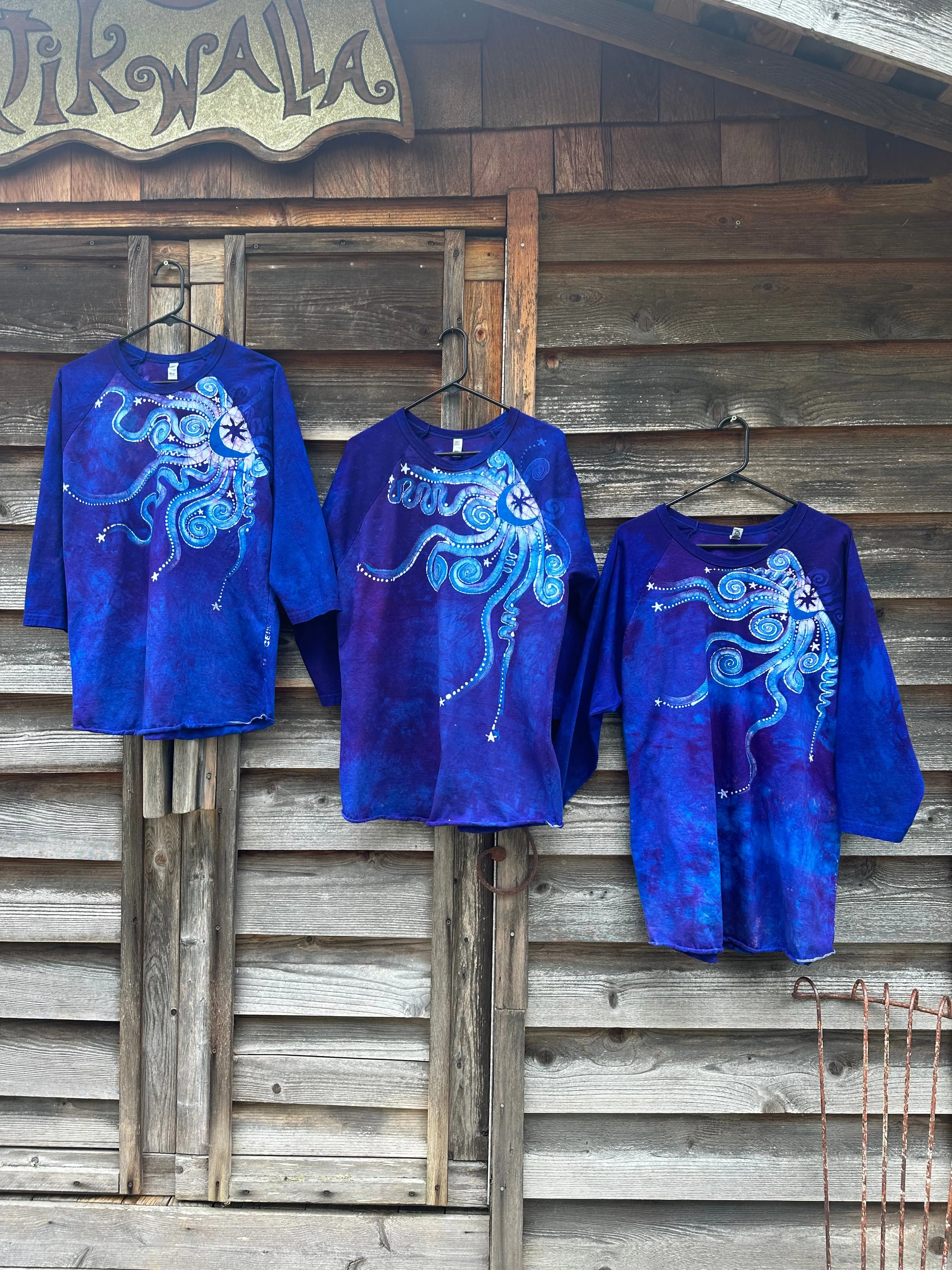 Purple and Blue Moonbeams Raglan Quarter Sleeves Batik Tee