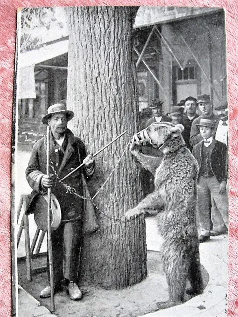 RARE French Postcard of Bear Showman,Dancing Bear,Montreur d'Ours,Street Bear Trainer,Performing Street Bear, Carnival Bear Postcard