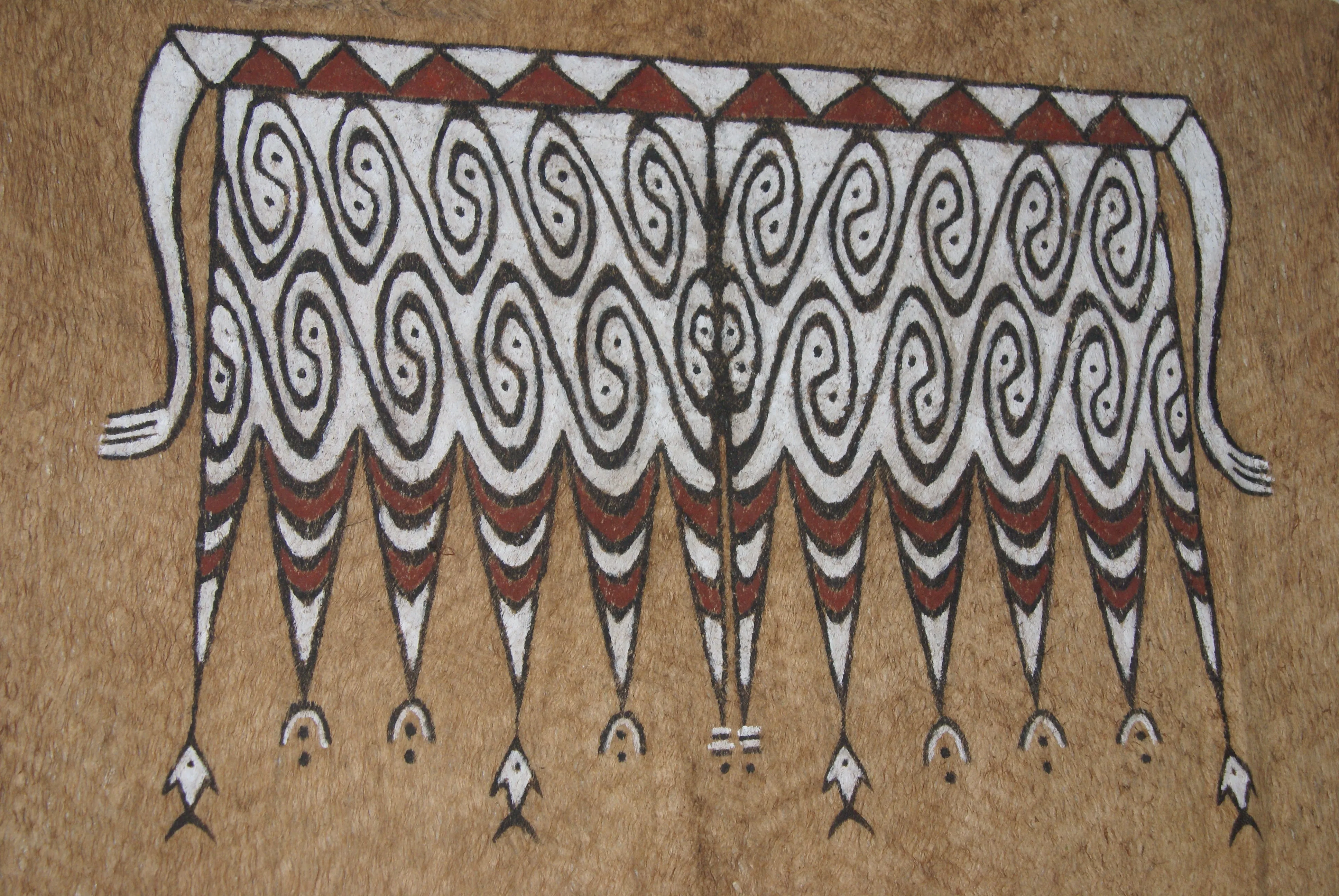 Rare Maro Tapa loin Bark Cloth (Kapa in Hawaii), from Lake Sentani, Irian Jaya, Papua New Guinea. Hand painted by a Tribal Artist with natural pigments: Spiritual Stylized Fish Motifs & waves 30" x 24" (no 5)