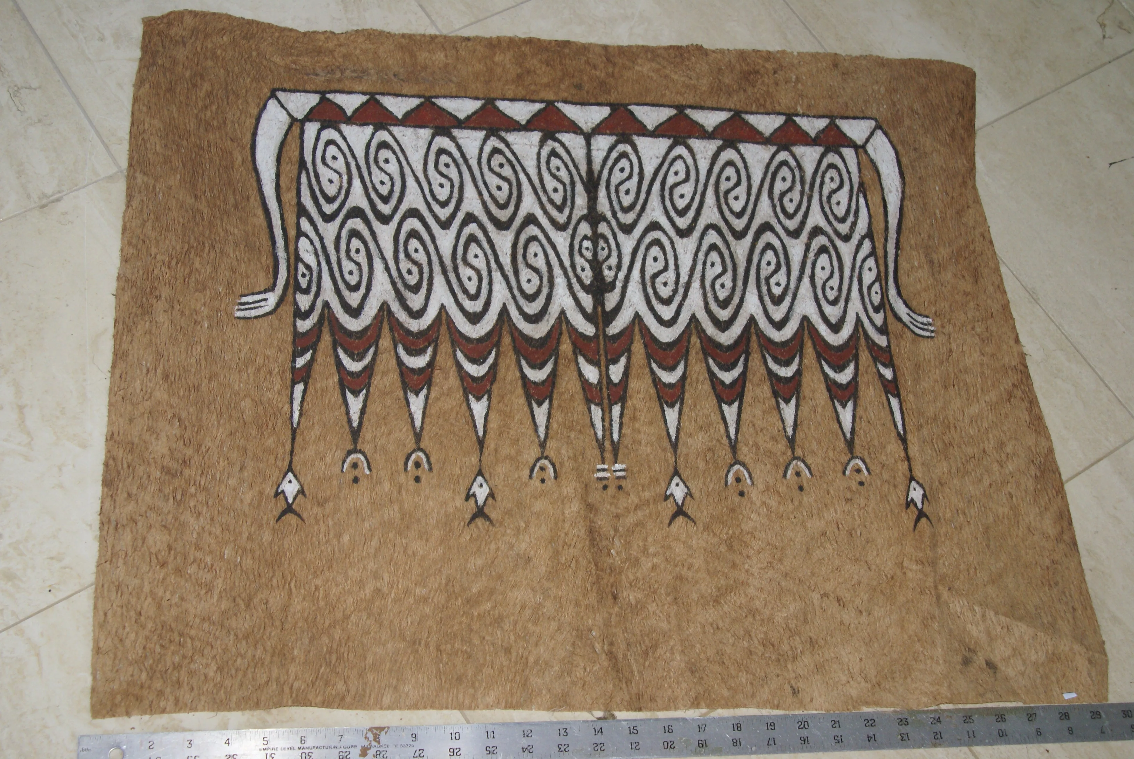 Rare Maro Tapa loin Bark Cloth (Kapa in Hawaii), from Lake Sentani, Irian Jaya, Papua New Guinea. Hand painted by a Tribal Artist with natural pigments: Spiritual Stylized Fish Motifs & waves 30" x 24" (no 5)