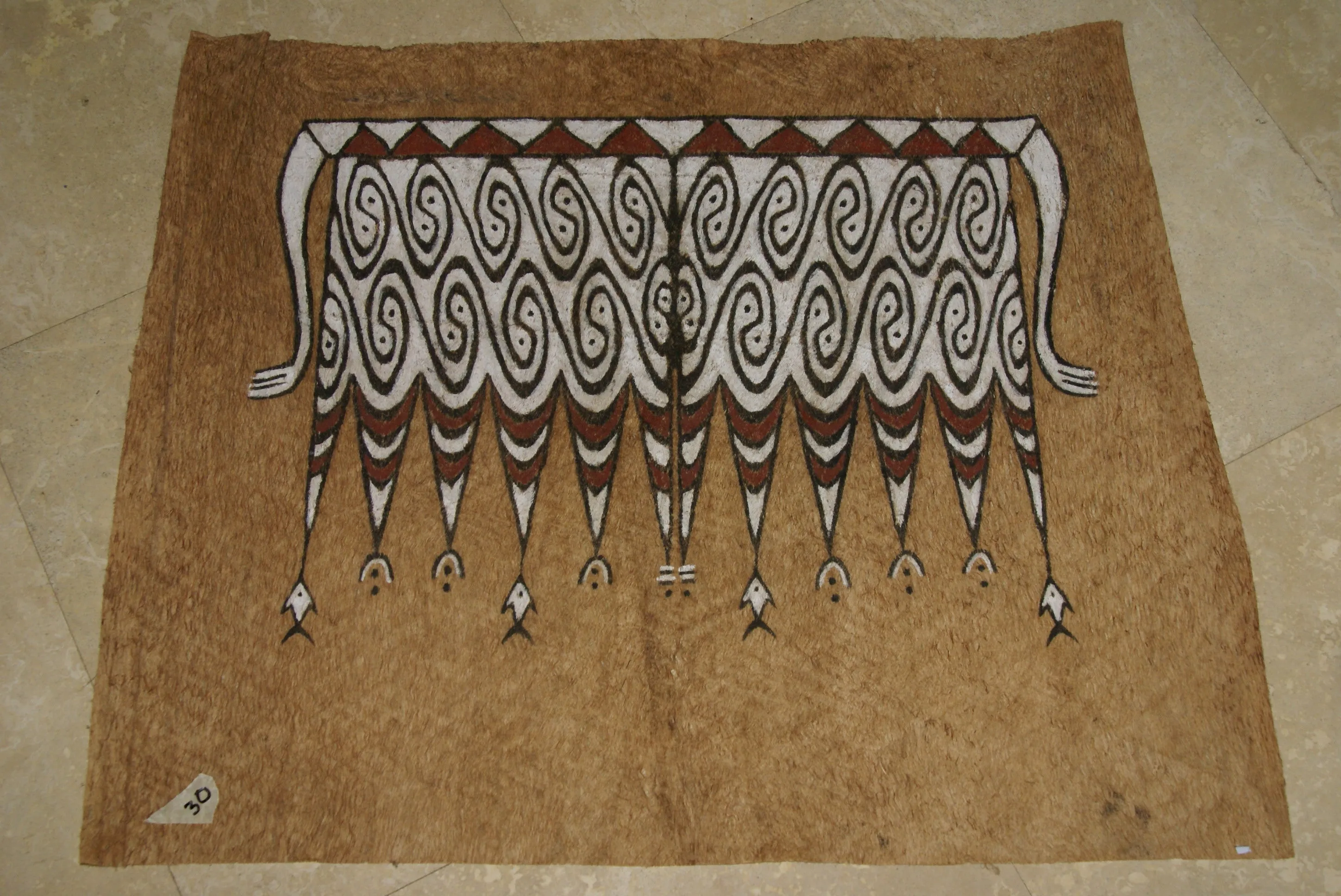 Rare Maro Tapa loin Bark Cloth (Kapa in Hawaii), from Lake Sentani, Irian Jaya, Papua New Guinea. Hand painted by a Tribal Artist with natural pigments: Spiritual Stylized Fish Motifs & waves 30" x 24" (no 5)