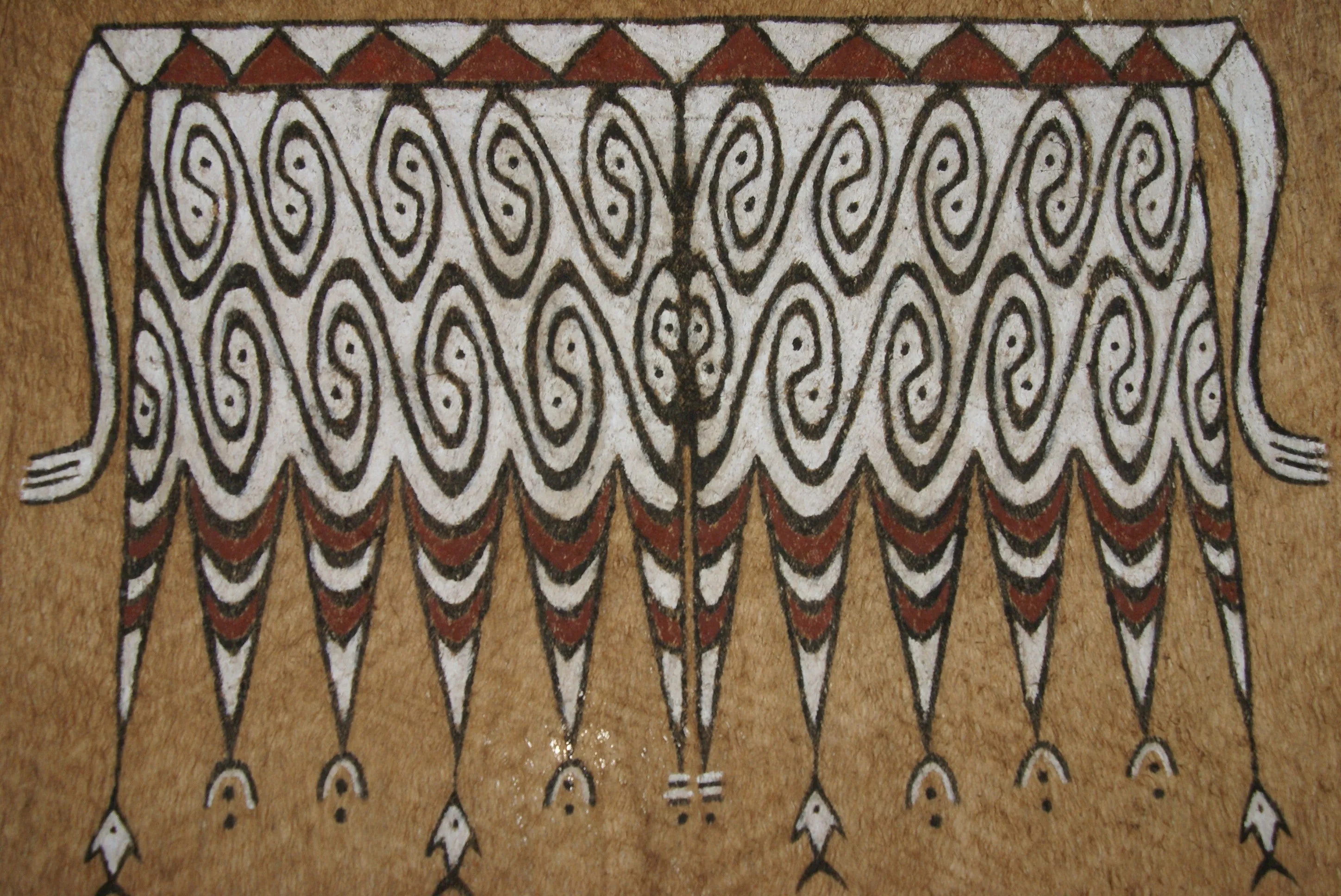 Rare Maro Tapa loin Bark Cloth (Kapa in Hawaii), from Lake Sentani, Irian Jaya, Papua New Guinea. Hand painted by a Tribal Artist with natural pigments: Spiritual Stylized Fish Motifs & waves 30" x 24" (no 5)