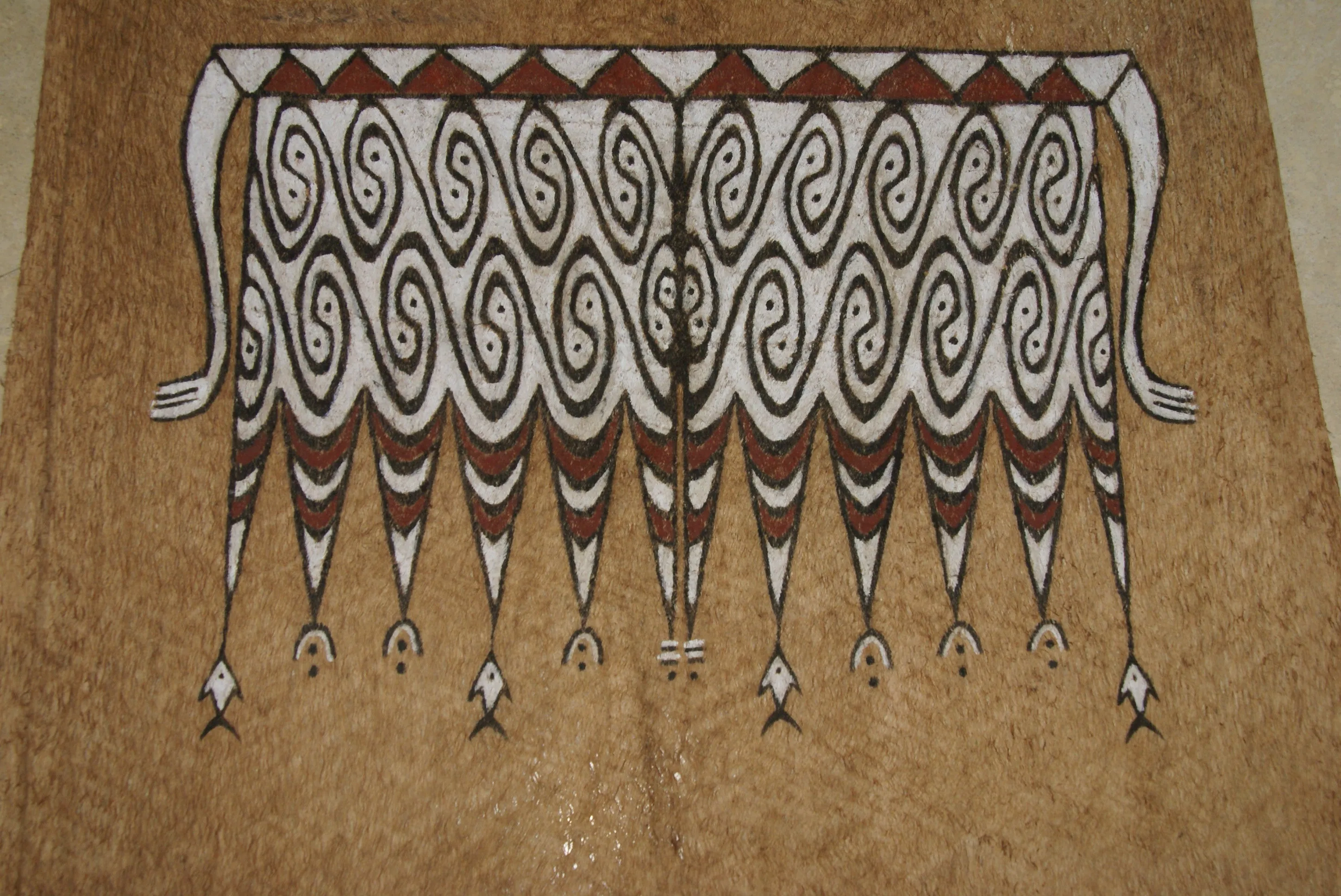 Rare Maro Tapa loin Bark Cloth (Kapa in Hawaii), from Lake Sentani, Irian Jaya, Papua New Guinea. Hand painted by a Tribal Artist with natural pigments: Spiritual Stylized Fish Motifs & waves 30" x 24" (no 5)