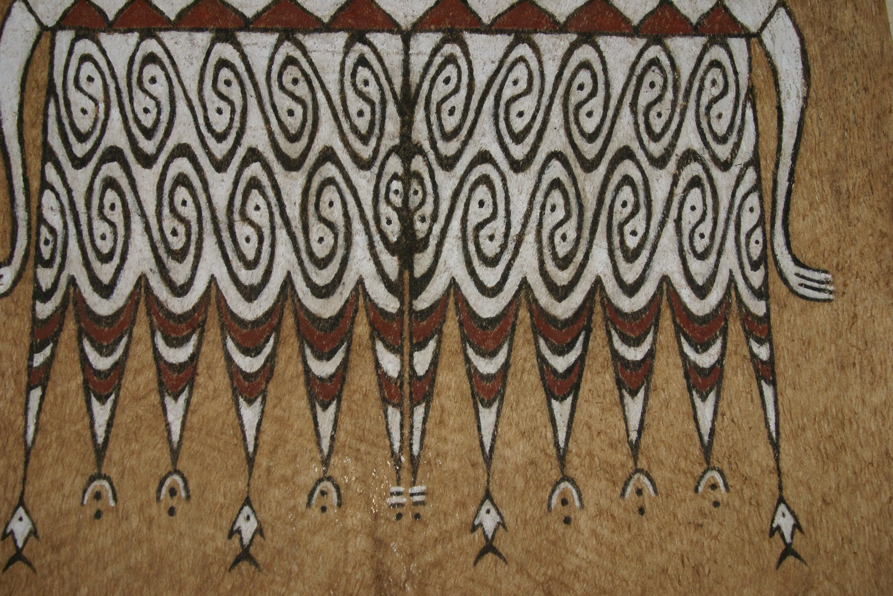 Rare Maro Tapa loin Bark Cloth (Kapa in Hawaii), from Lake Sentani, Irian Jaya, Papua New Guinea. Hand painted by a Tribal Artist with natural pigments: Spiritual Stylized Fish Motifs & waves 30" x 24" (no 5)