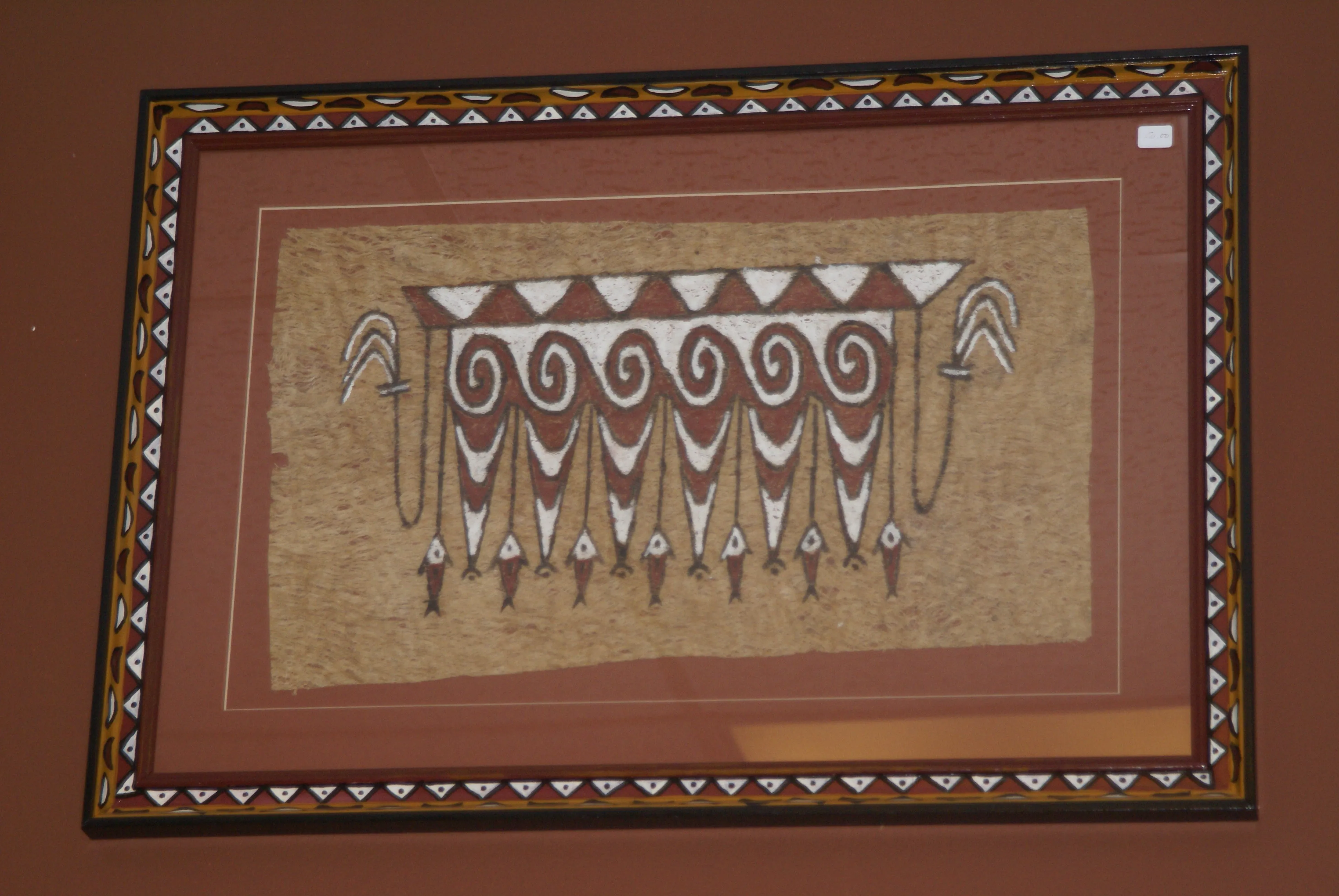 Rare Maro Tapa loin Bark Cloth (Kapa in Hawaii), from Lake Sentani, Irian Jaya, Papua New Guinea. Hand painted by a Tribal Artist with natural pigments: Spiritual Stylized Fish Motifs & waves 30" x 24" (no 5)