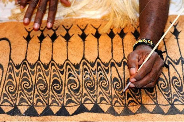 Rare Maro Tapa loin Bark Cloth (Kapa in Hawaii), from Lake Sentani, Irian Jaya, Papua New Guinea. Hand painted by a Tribal Artist with natural pigments: Spiritual Stylized Fish Motifs & waves 30" x 24" (no 5)