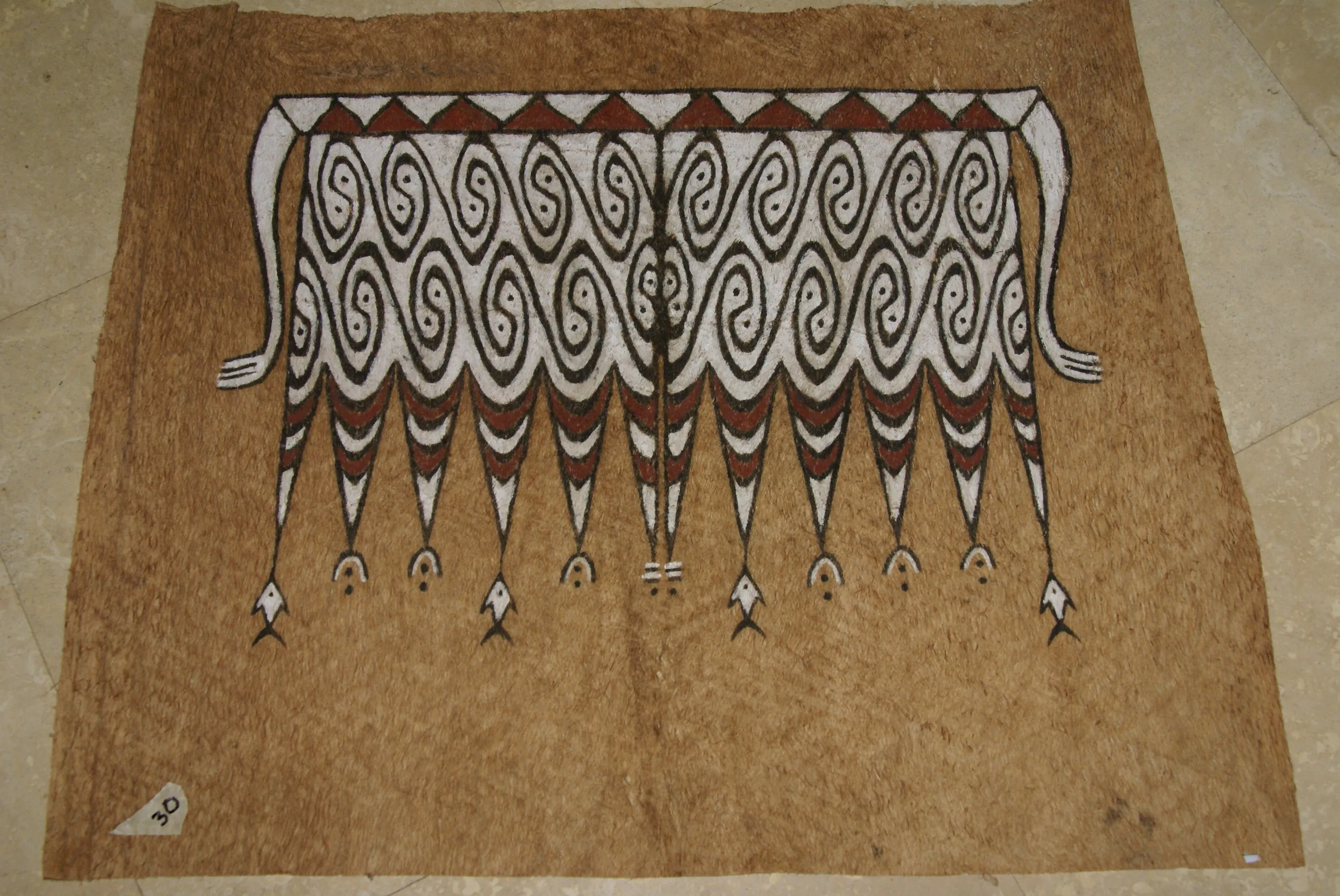 Rare Maro Tapa loin Bark Cloth (Kapa in Hawaii), from Lake Sentani, Irian Jaya, Papua New Guinea. Hand painted by a Tribal Artist with natural pigments: Spiritual Stylized Fish Motifs & waves 30" x 24" (no 5)