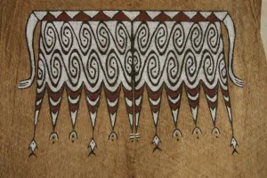 Rare Maro Tapa loin Bark Cloth (Kapa in Hawaii), from Lake Sentani, Irian Jaya, Papua New Guinea. Hand painted by a Tribal Artist with natural pigments: Spiritual Stylized Fish Motifs & waves 30" x 24" (no 5)