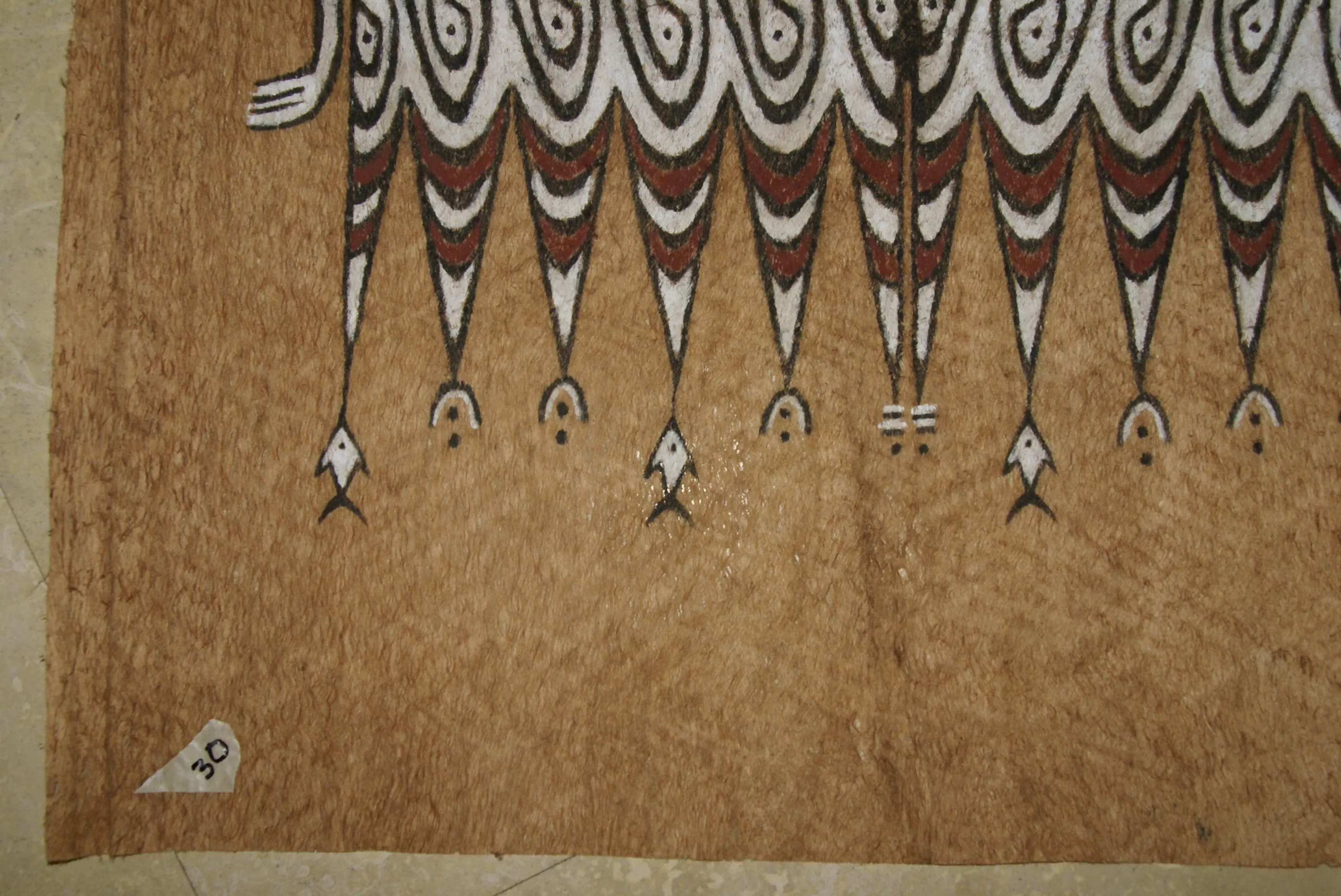 Rare Maro Tapa loin Bark Cloth (Kapa in Hawaii), from Lake Sentani, Irian Jaya, Papua New Guinea. Hand painted by a Tribal Artist with natural pigments: Spiritual Stylized Fish Motifs & waves 30" x 24" (no 5)