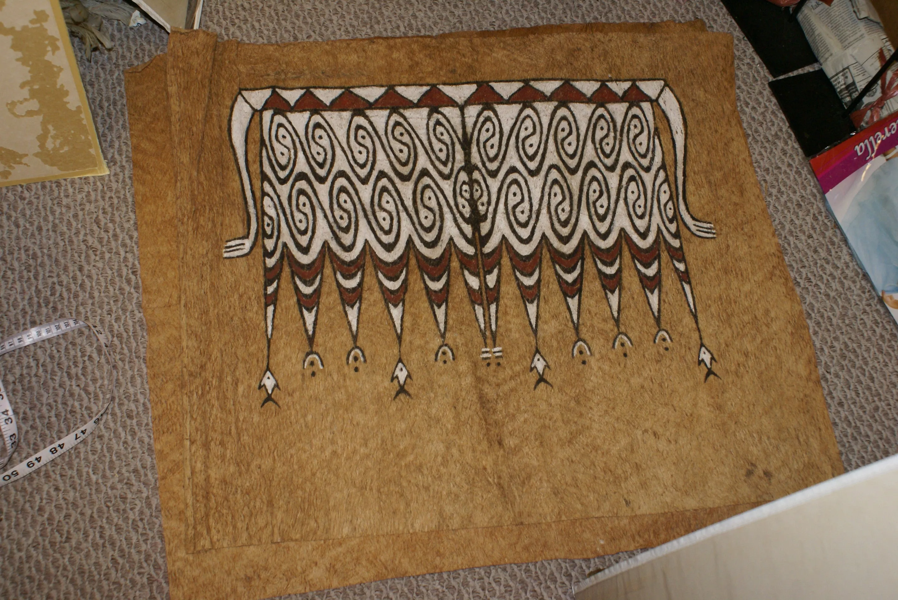 Rare Maro Tapa loin Bark Cloth (Kapa in Hawaii), from Lake Sentani, Irian Jaya, Papua New Guinea. Hand painted by a Tribal Artist with natural pigments: Spiritual Stylized Fish Motifs & waves 30" x 24" (no 5)