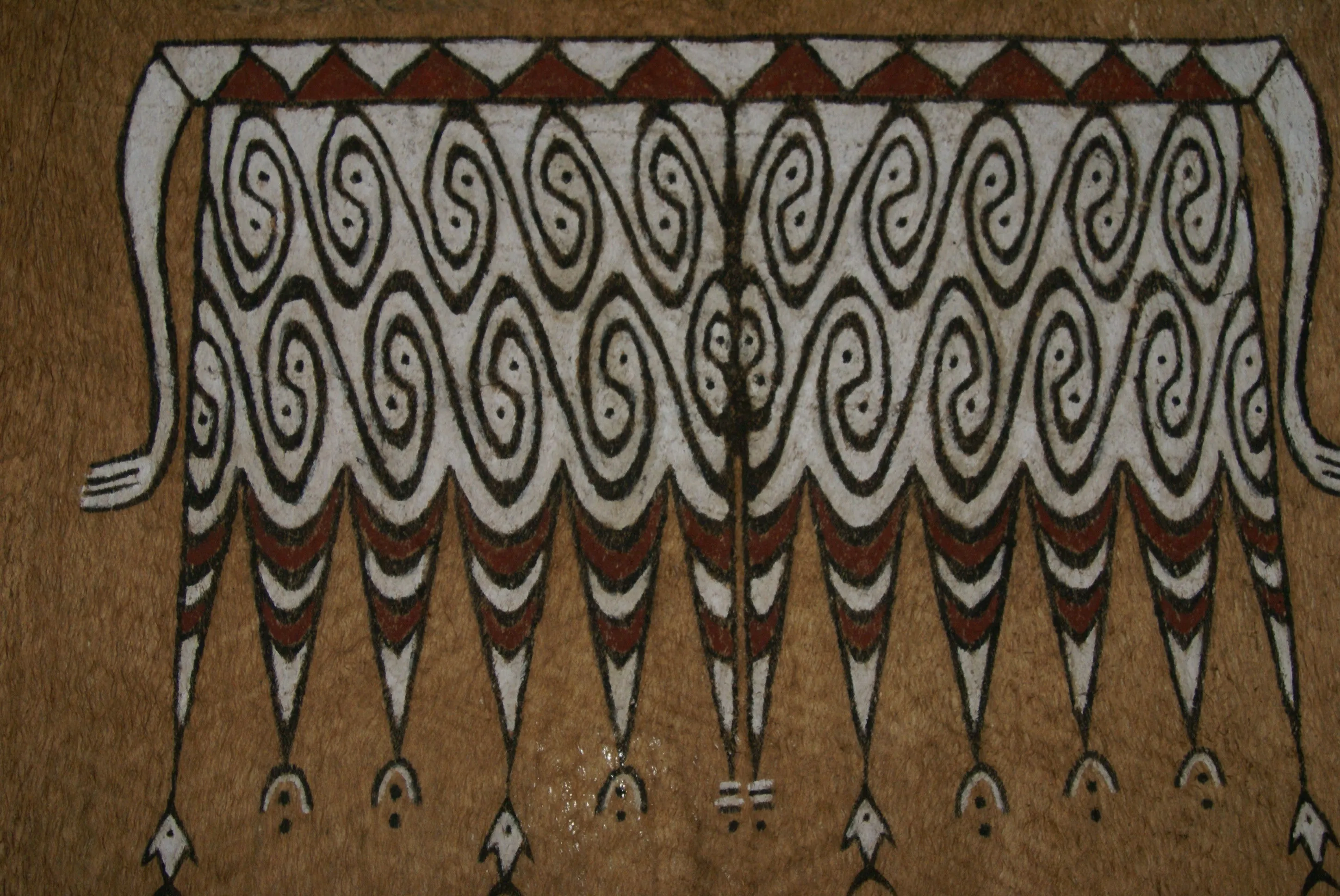 Rare Maro Tapa loin Bark Cloth (Kapa in Hawaii), from Lake Sentani, Irian Jaya, Papua New Guinea. Hand painted by a Tribal Artist with natural pigments: Spiritual Stylized Fish Motifs & waves 30" x 24" (no 5)