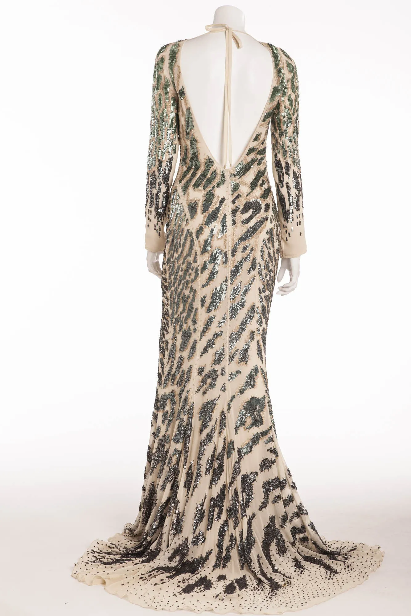 Roberto Cavalli - As Seen on Jane Fonda - Editorial Long Sleeve Nude Dress  IT42 Green Sequin with Nude Stitching Backless -