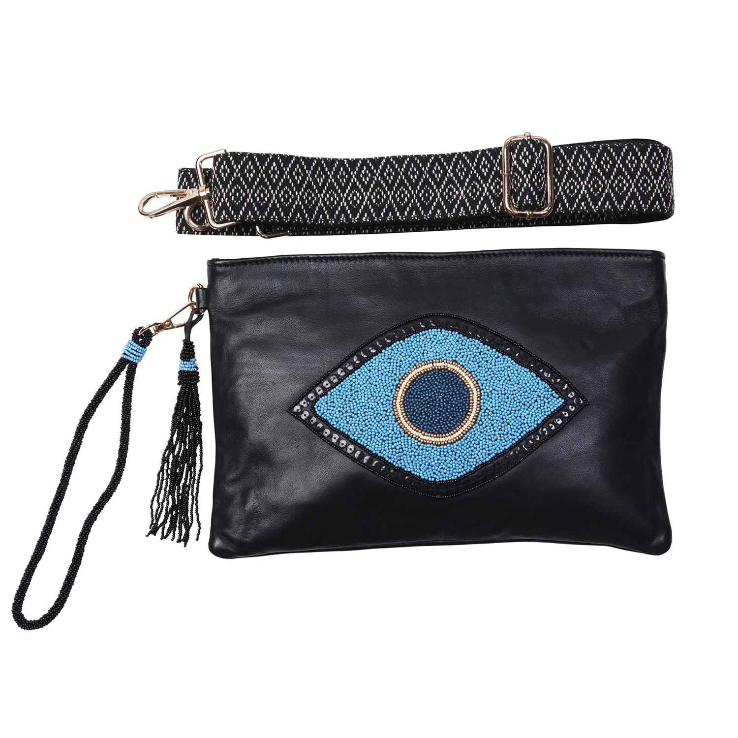 Sidney Byron Leather Bag With "Lucky Eye" Beading, Black