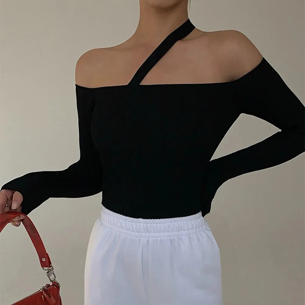 Slim Black Sweater For Women Irregular Collar Off Shoulder Long Sleeve Minimalist Knitting Pullover Female