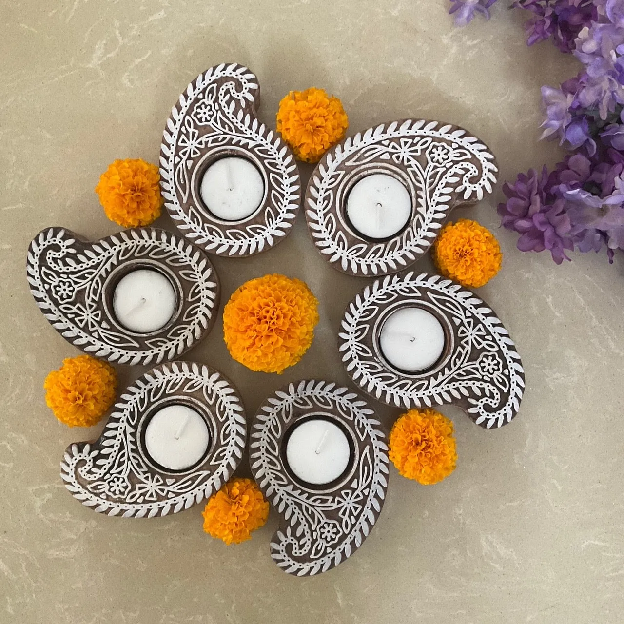 Small Keri Wooden Diya (Set of 6) - Tea light Holder - Diwali Decor & Gifts