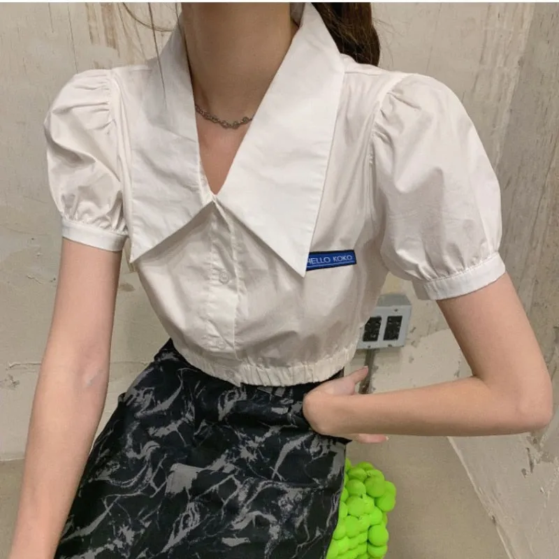 Summer Sweet Women Shirt White Short Sleeve Crop Top Fashion Ladies Button Up Tops Harajuku Casual Cute Mujer Blouse