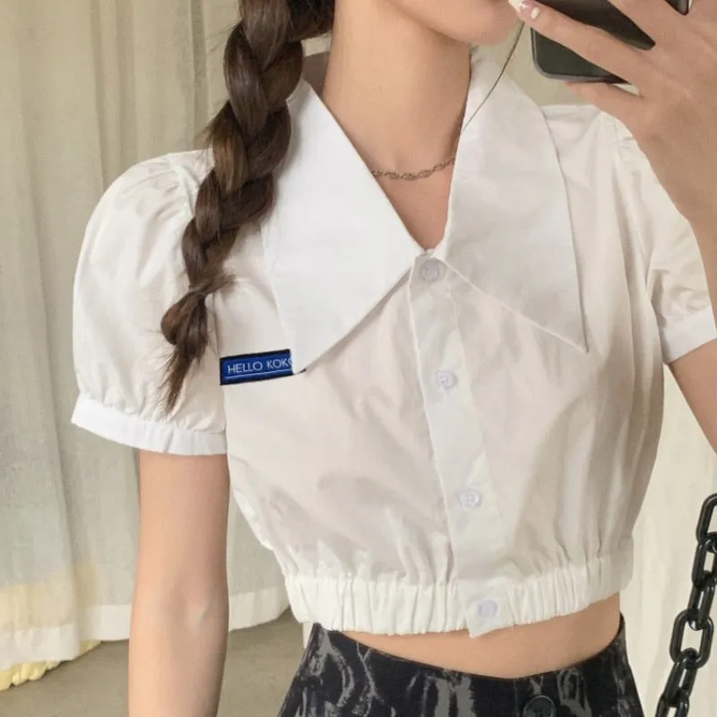 Summer Sweet Women Shirt White Short Sleeve Crop Top Fashion Ladies Button Up Tops Harajuku Casual Cute Mujer Blouse