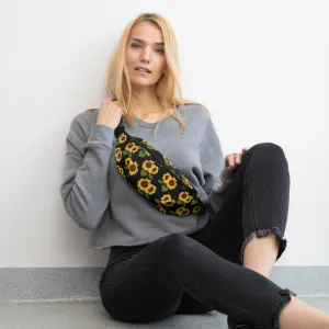 Sunflower floral Fanny Pack, Yellow Black Flower Pattern Boho Women Waist Bag, Designer Bum Bag, Small Large Belt Hip Shoulder Bag