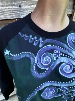 Teal Moonbeams Black Raglan 3/4 Sleeve Batik Top