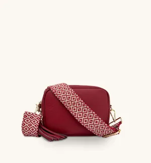 The Tassel Cherry Red Leather Crossbody Bag With Red Cross-Stitch Strap