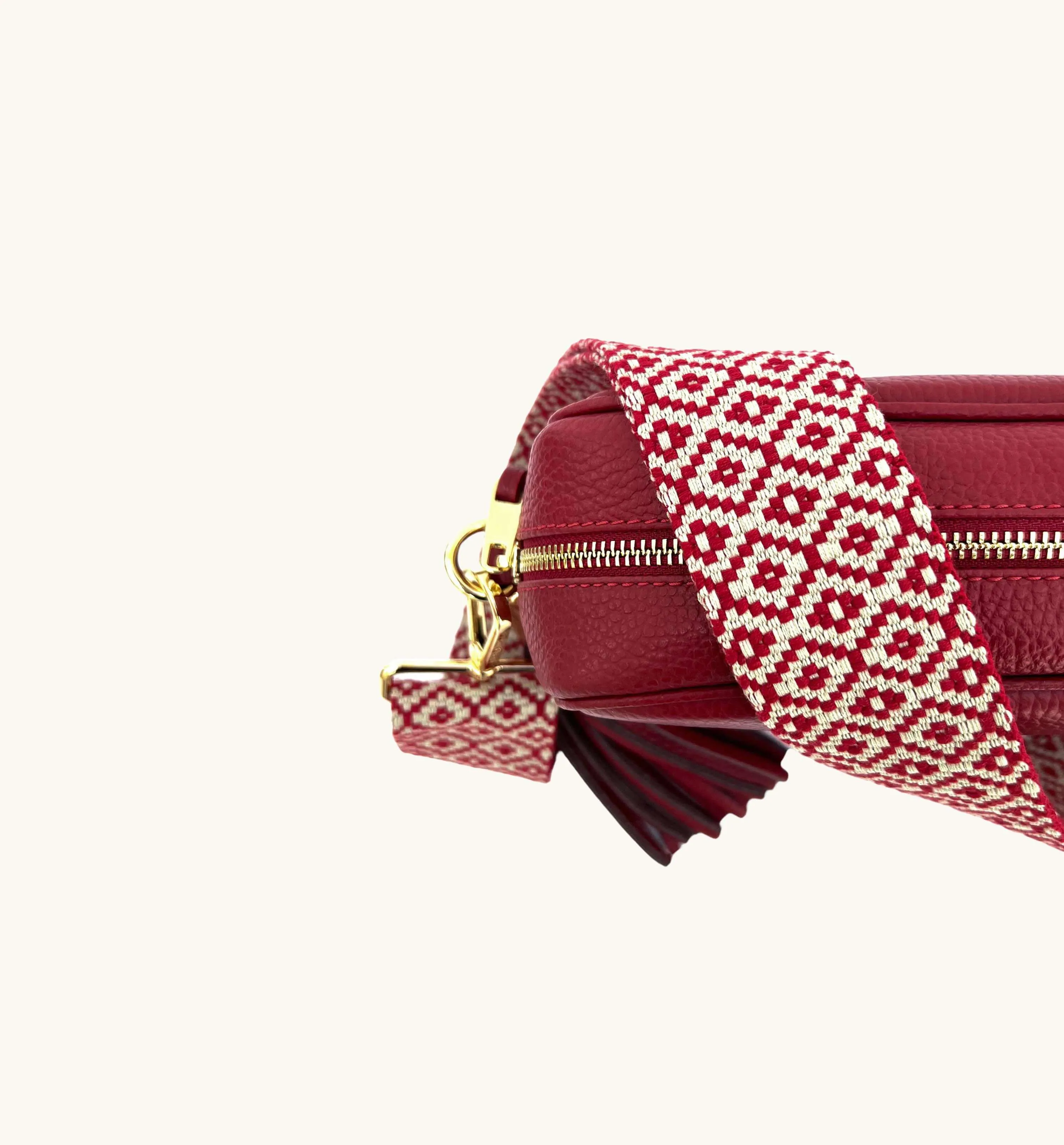 The Tassel Cherry Red Leather Crossbody Bag With Red Cross-Stitch Strap