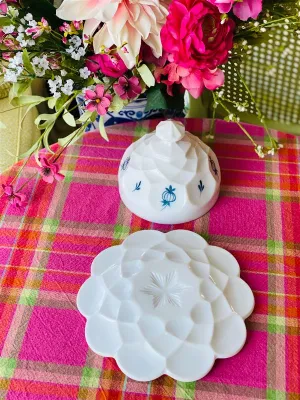 Vintage Blue and White Hand painted Milkglass Butter Dish