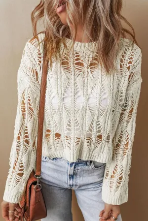 White Cut-Out Crochet Loose Fit Sweater