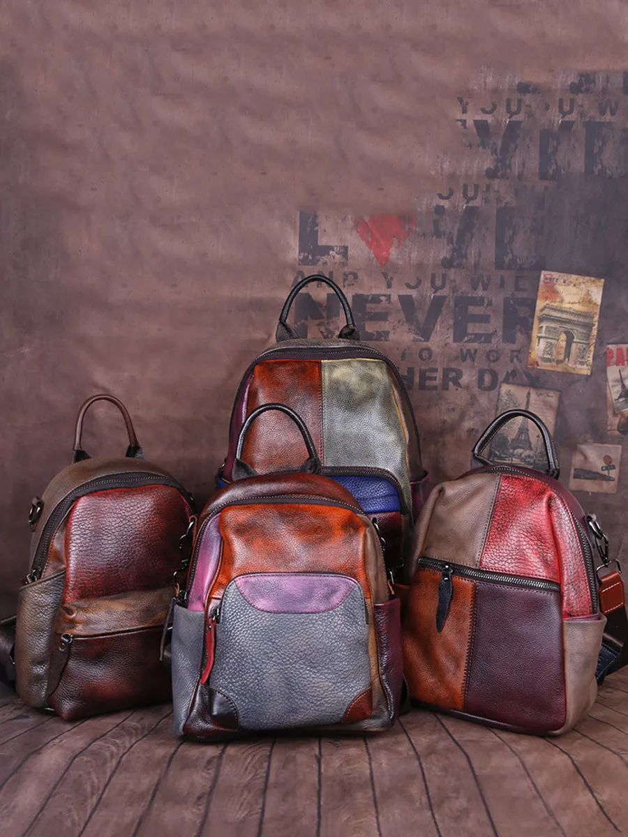 Women Colorblock Hand Painted Outdoor Leather Backpack AH1072