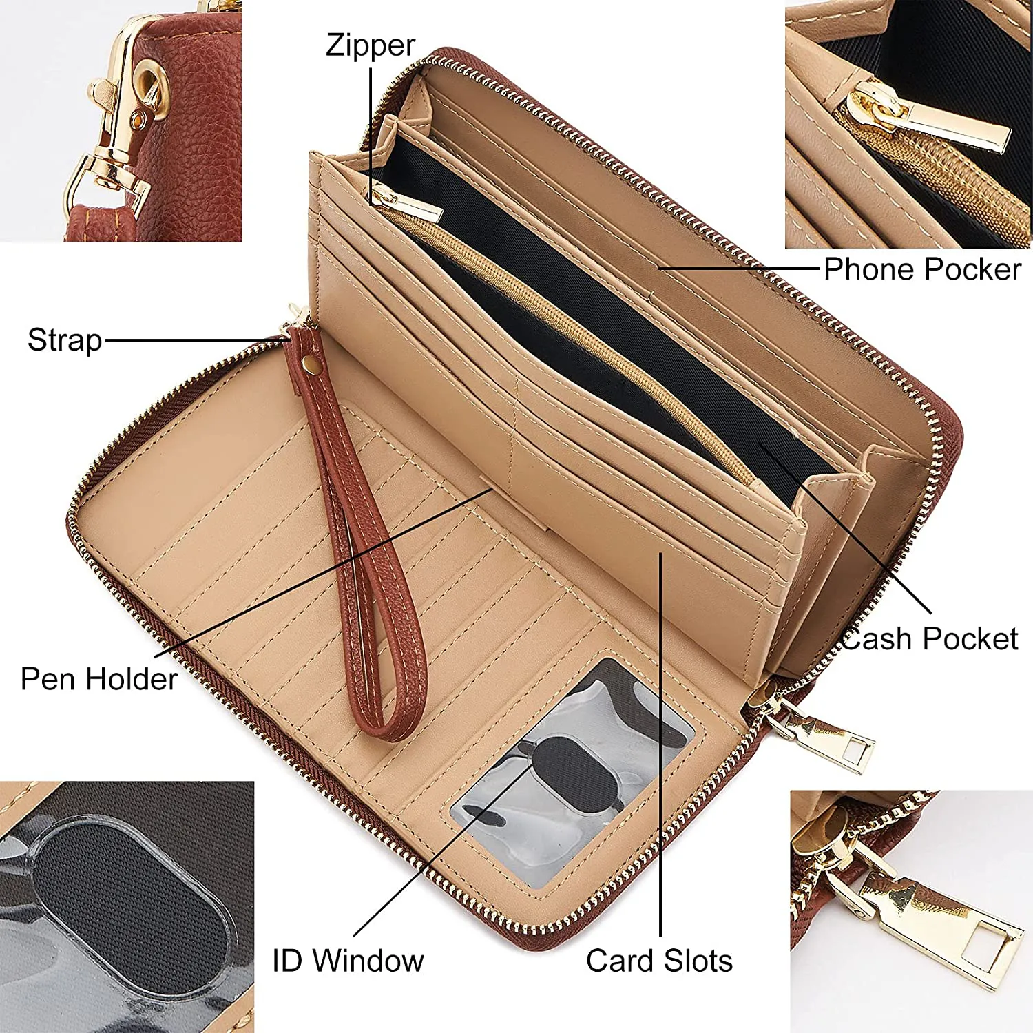 WOZEAH Women's RFID Blocking PU Leather Zip Around Wallet Clutch Large Travel Purse