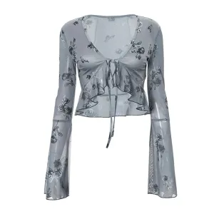 Y2k Sexy Shirts & Blouses Flower Print V-Neck Mesh Long Sleeve Ruffled Tie Front Cardigan Crop Tops Fall 2024 P85-BF12