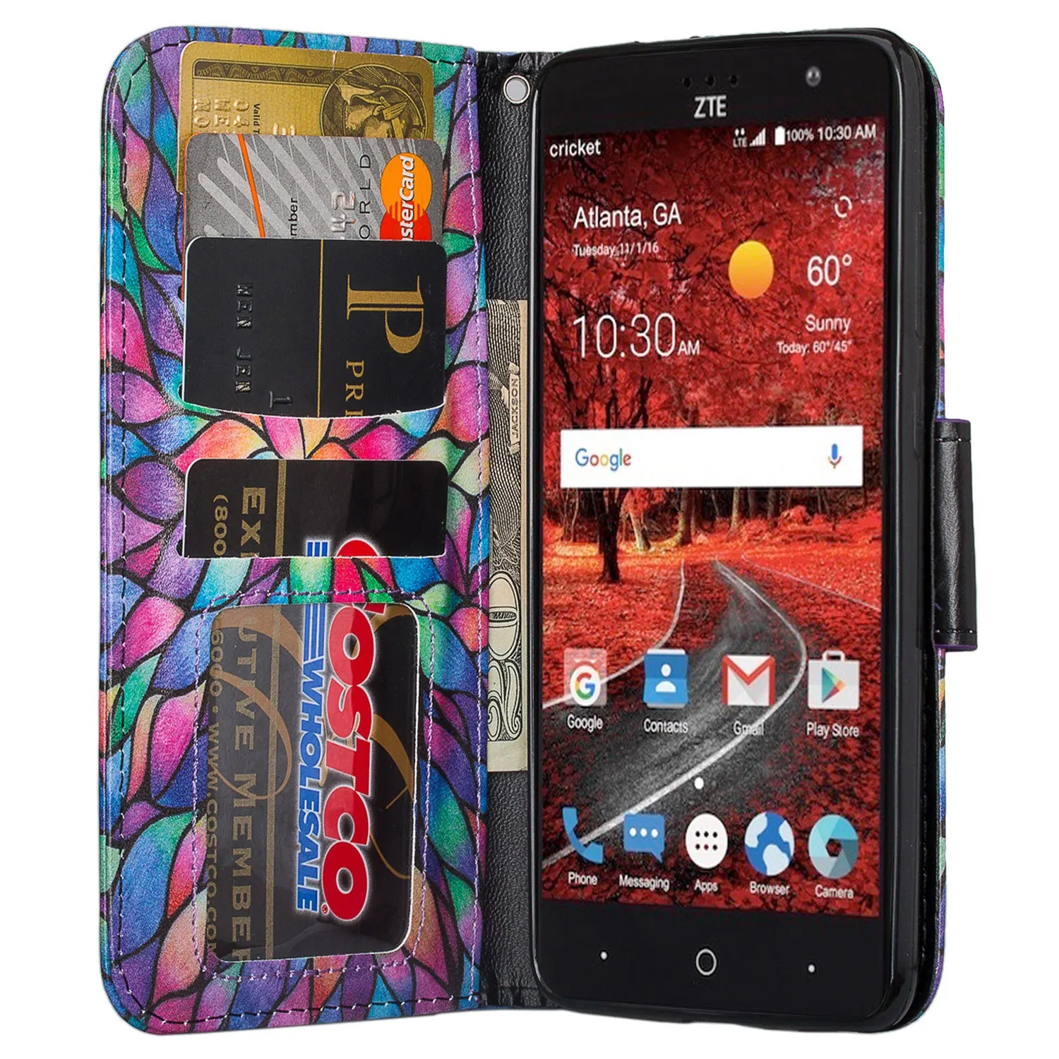 ZTE Blade Spark Z971, ZTE ZMAX One, ZTE Grand X4, X 4 Case, Wrist Strap Pu Leather Magnetic Flip [Kickstand] Wallet Cover with Slots - Rainbow Flower